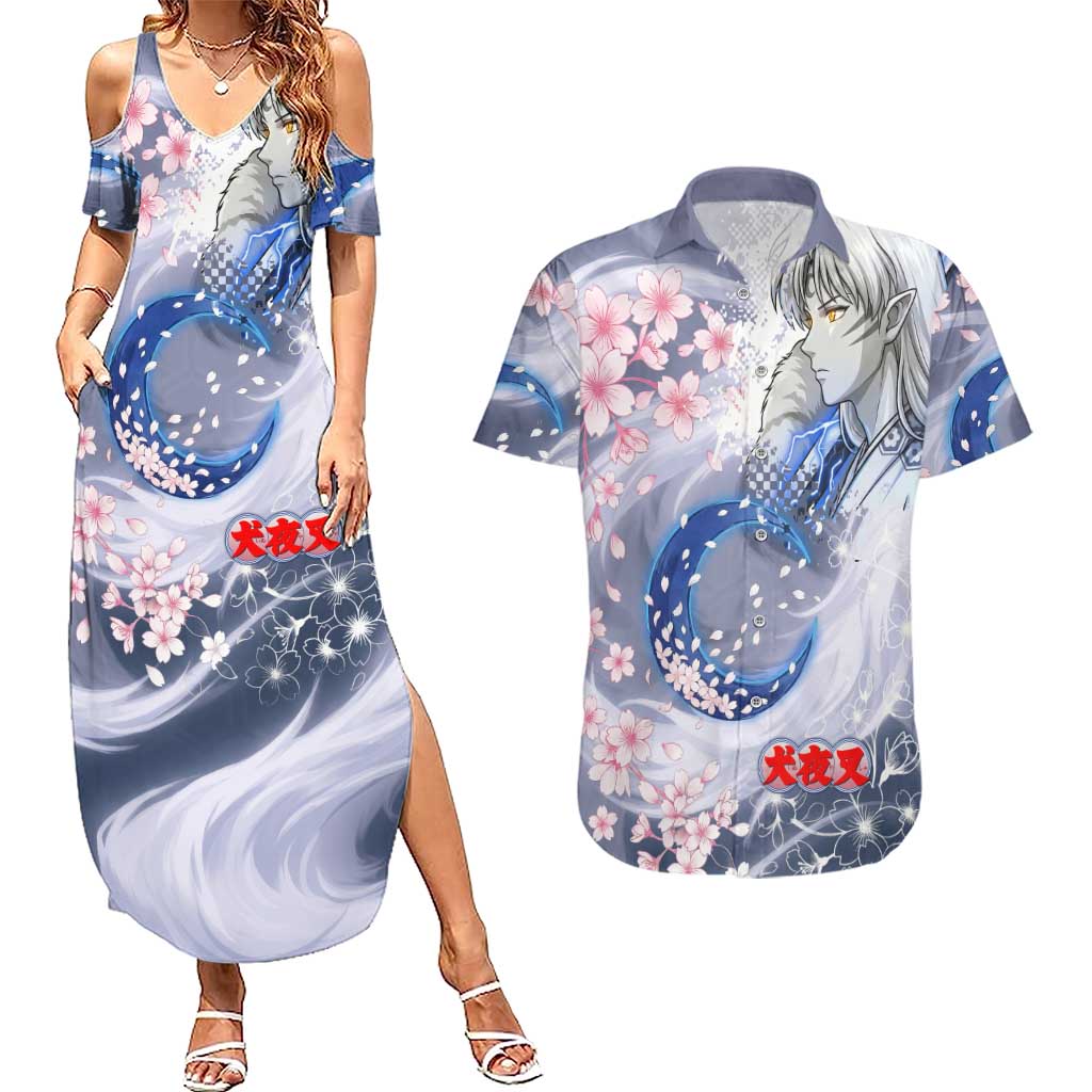 Sesshomaru Inuyasha Series Couples Matching Summer Maxi Dress and Hawaiian Shirt Elegant Sakura Storm Style with Crescent Moon Motif