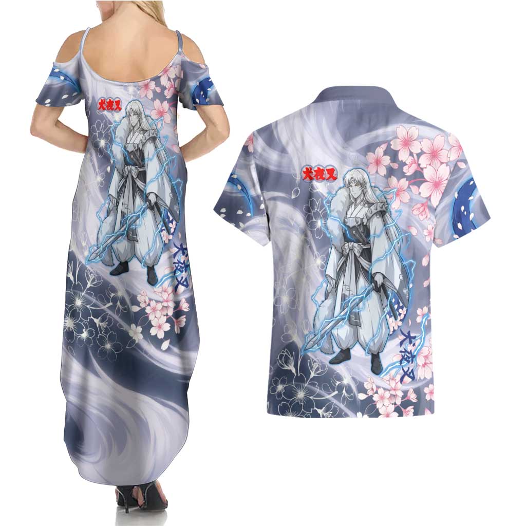 Sesshomaru Inuyasha Series Couples Matching Summer Maxi Dress and Hawaiian Shirt Elegant Sakura Storm Style with Crescent Moon Motif