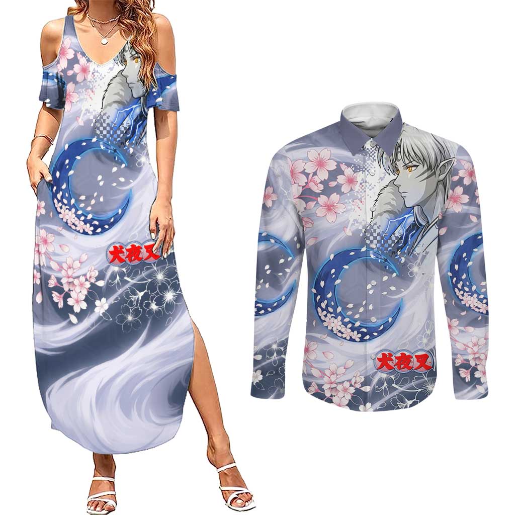 Sesshomaru Inuyasha Series Couples Matching Summer Maxi Dress and Long Sleeve Button Shirt Elegant Sakura Storm Style with Crescent Moon Motif