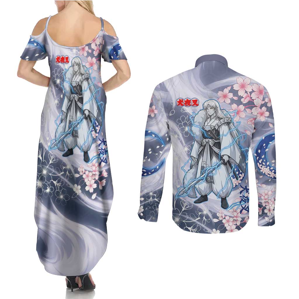 Sesshomaru Inuyasha Series Couples Matching Summer Maxi Dress and Long Sleeve Button Shirt Elegant Sakura Storm Style with Crescent Moon Motif