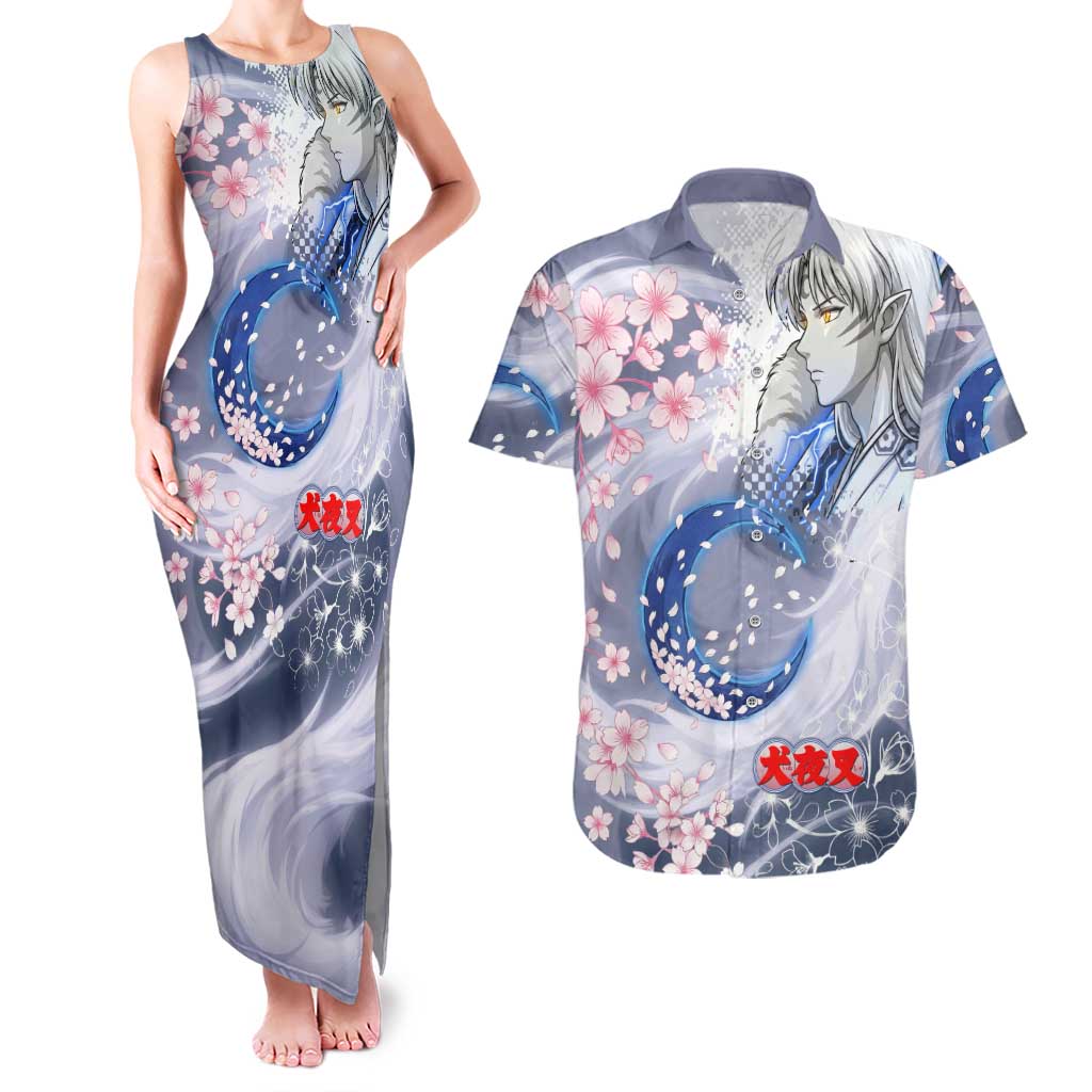 Sesshomaru Inuyasha Series Couples Matching Tank Maxi Dress and Hawaiian Shirt Elegant Sakura Storm Style with Crescent Moon Motif