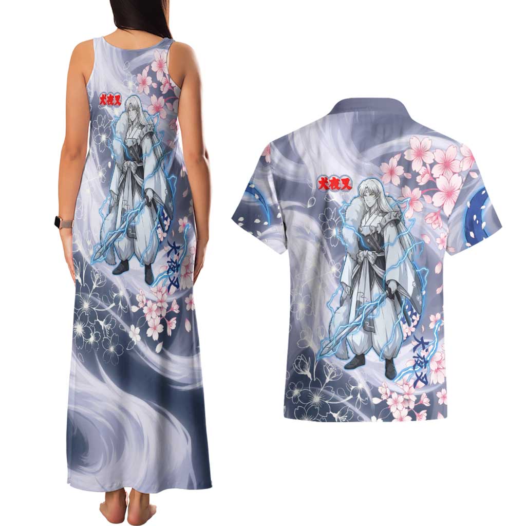 Sesshomaru Inuyasha Series Couples Matching Tank Maxi Dress and Hawaiian Shirt Elegant Sakura Storm Style with Crescent Moon Motif