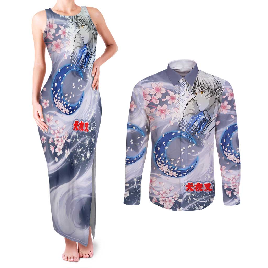 Sesshomaru Inuyasha Series Couples Matching Tank Maxi Dress and Long Sleeve Button Shirt Elegant Sakura Storm Style with Crescent Moon Motif