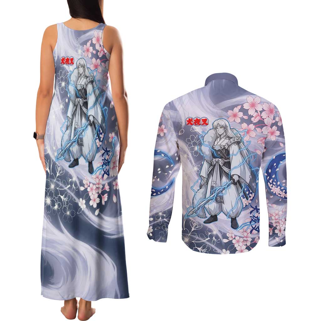 Sesshomaru Inuyasha Series Couples Matching Tank Maxi Dress and Long Sleeve Button Shirt Elegant Sakura Storm Style with Crescent Moon Motif