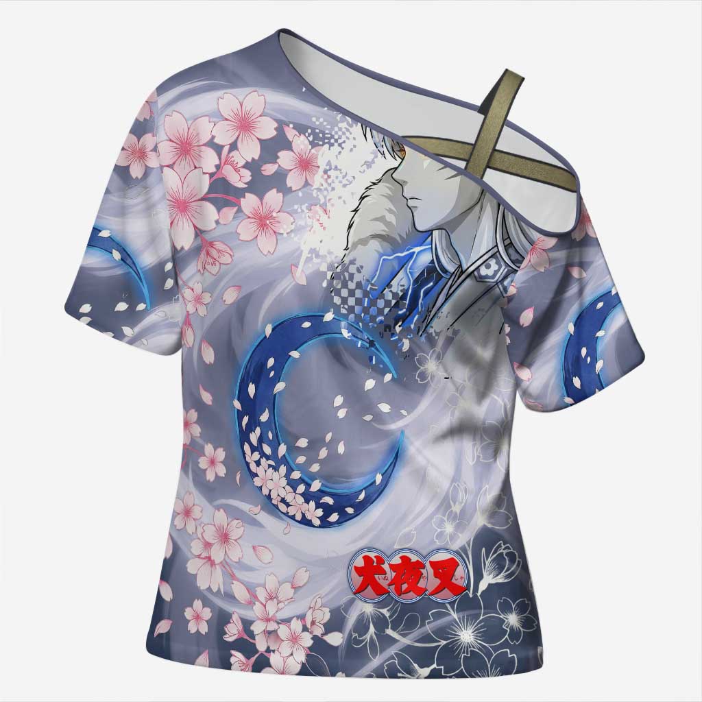 Sesshomaru Inuyasha Series Cross Shoulder Shirt Elegant Sakura Storm Style with Crescent Moon Motif