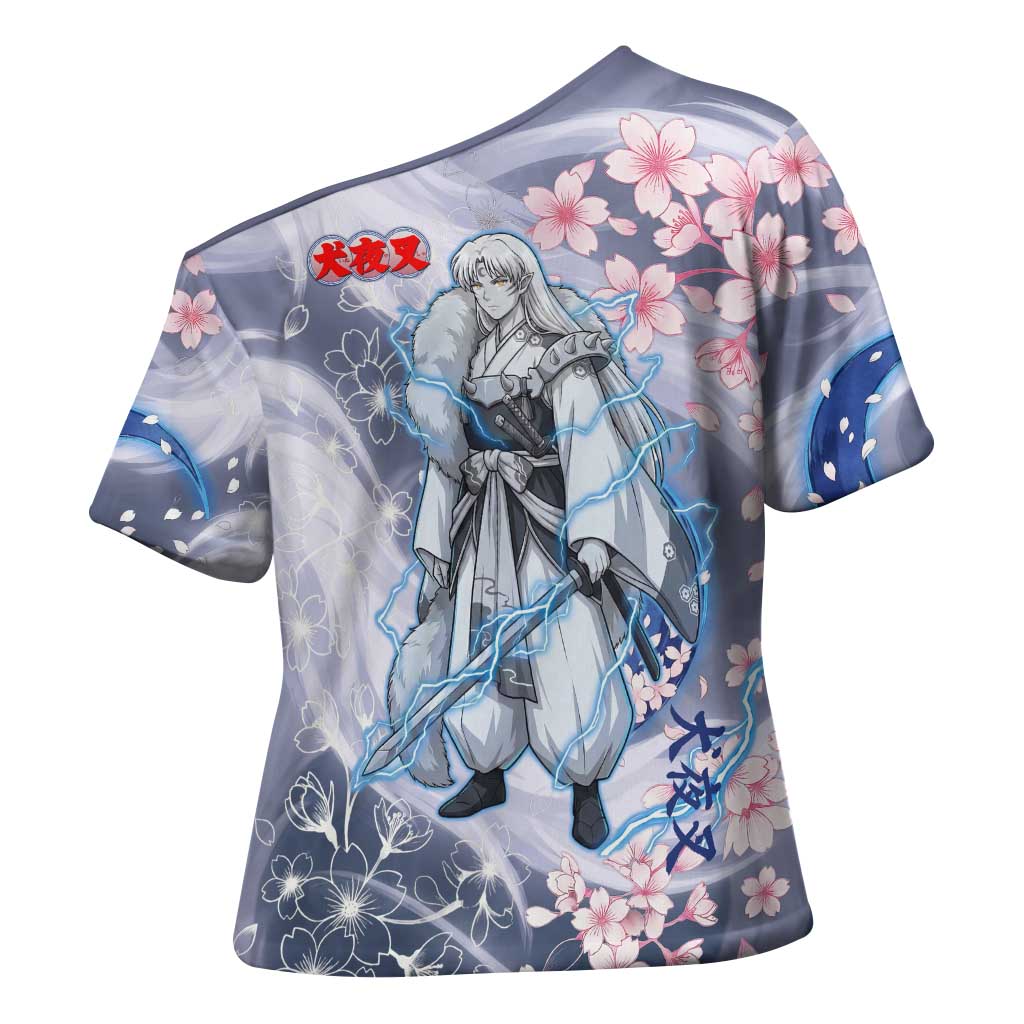 Sesshomaru Inuyasha Series Cross Shoulder Shirt Elegant Sakura Storm Style with Crescent Moon Motif