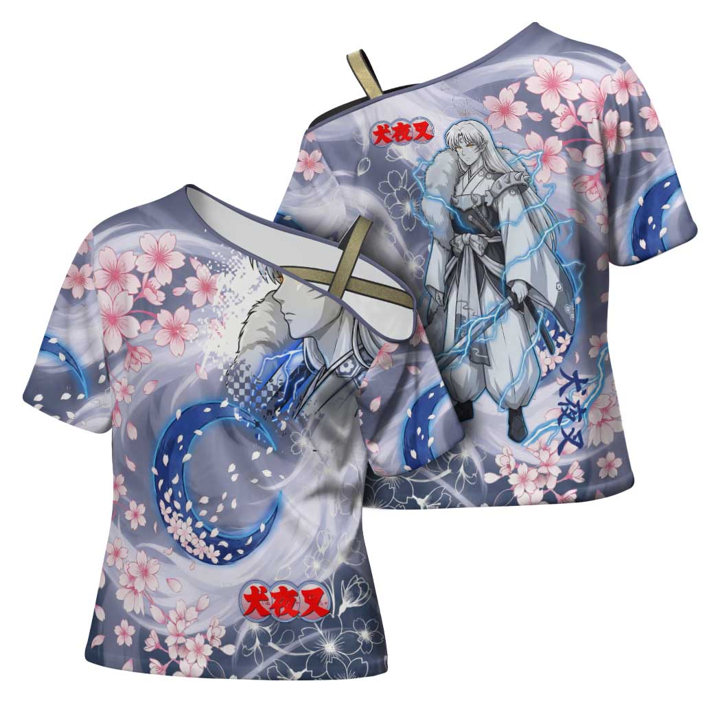 Sesshomaru Inuyasha Series Cross Shoulder Shirt Elegant Sakura Storm Style with Crescent Moon Motif