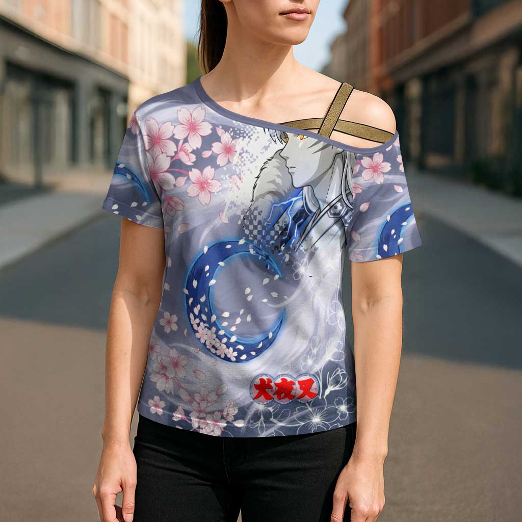 Sesshomaru Inuyasha Series Cross Shoulder Shirt Elegant Sakura Storm Style with Crescent Moon Motif