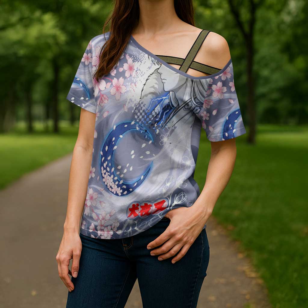 Sesshomaru Inuyasha Series Cross Shoulder Shirt Elegant Sakura Storm Style with Crescent Moon Motif
