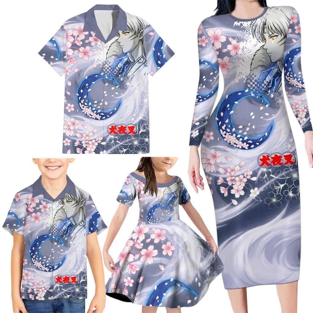 Sesshomaru Inuyasha Series Family Matching Long Sleeve Bodycon Dress and Hawaiian Shirt Elegant Sakura Storm Style with Crescent Moon Motif