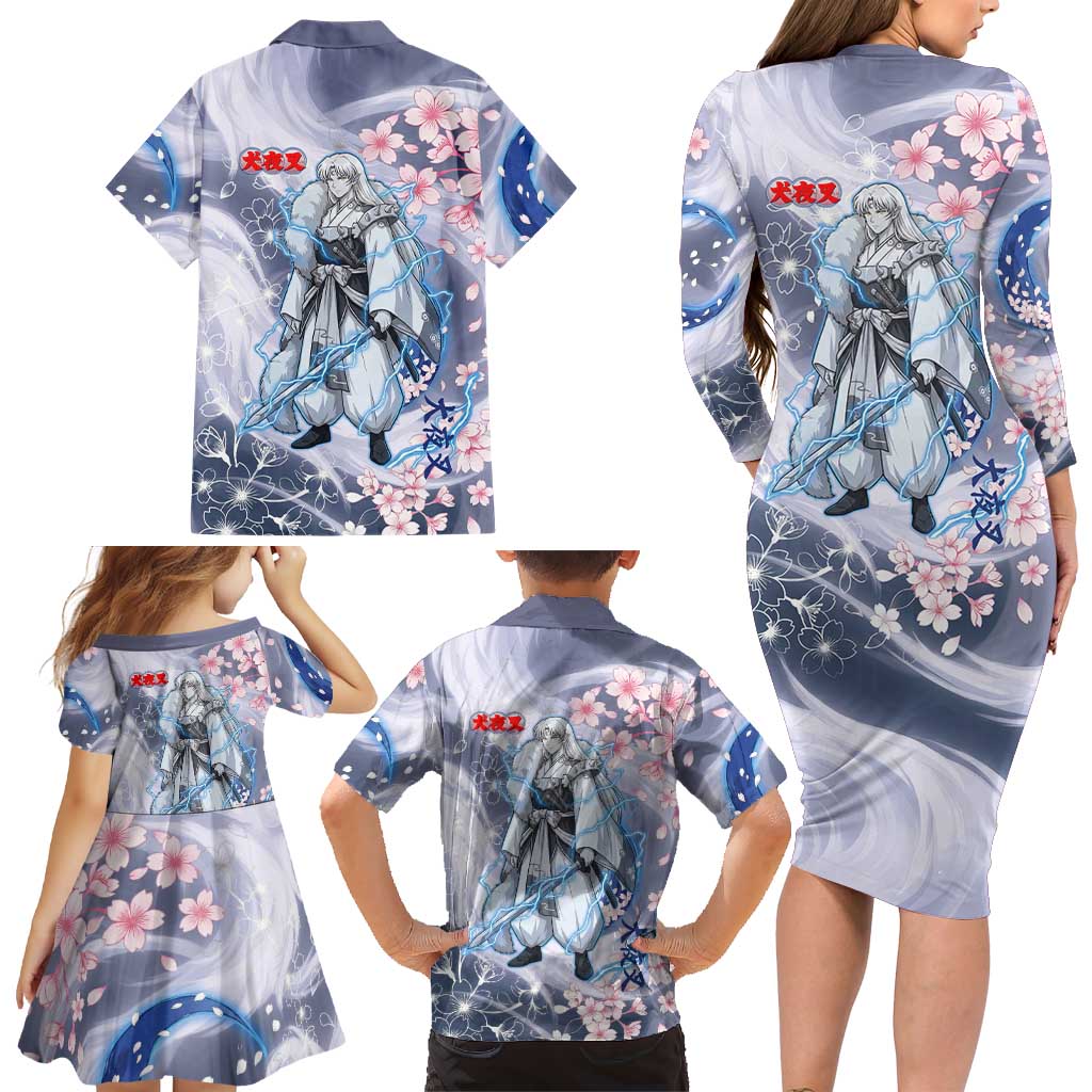 Sesshomaru Inuyasha Series Family Matching Long Sleeve Bodycon Dress and Hawaiian Shirt Elegant Sakura Storm Style with Crescent Moon Motif