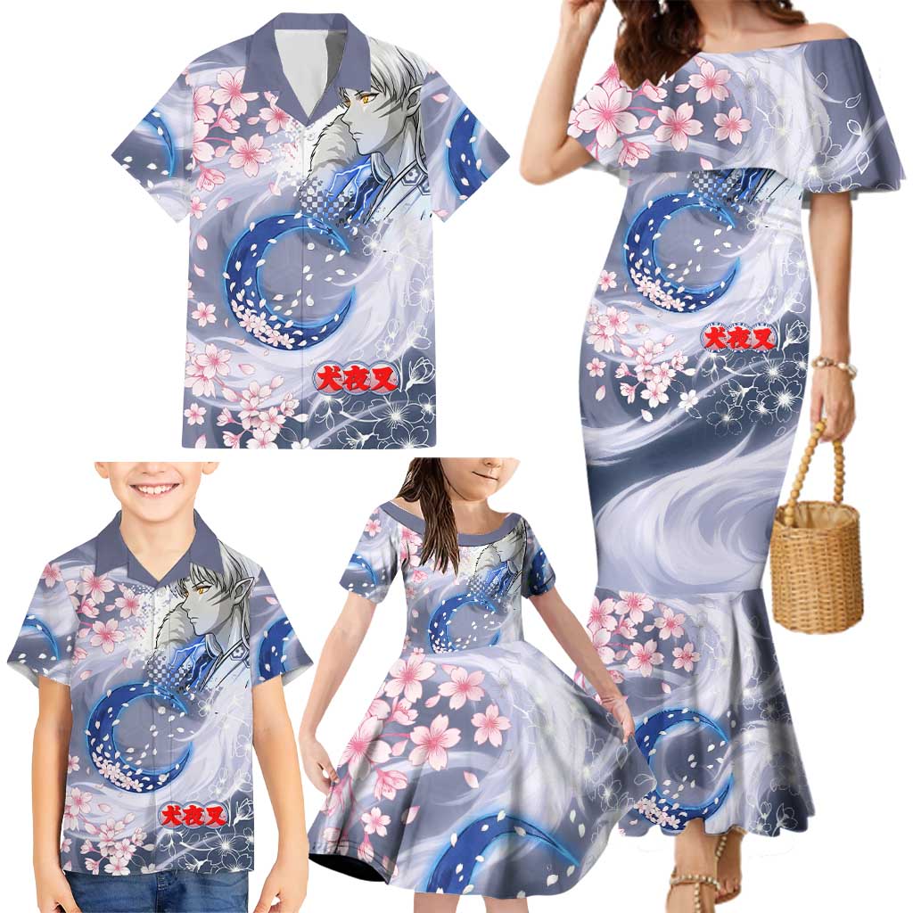 Sesshomaru Inuyasha Series Family Matching Mermaid Dress and Hawaiian Shirt Elegant Sakura Storm Style with Crescent Moon Motif