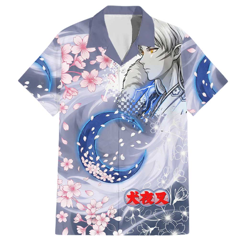 Sesshomaru Inuyasha Series Family Matching Mermaid Dress and Hawaiian Shirt Elegant Sakura Storm Style with Crescent Moon Motif