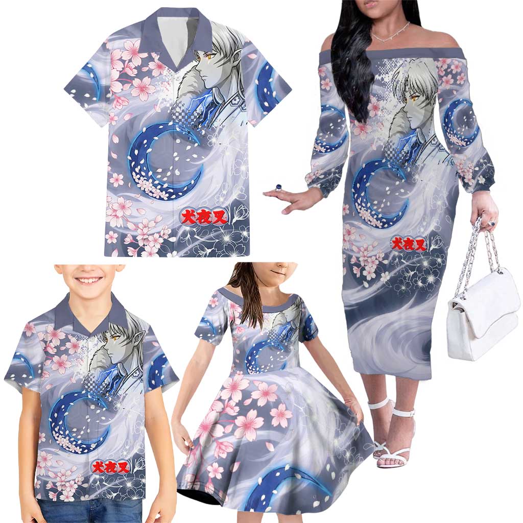 Sesshomaru Inuyasha Series Family Matching Off The Shoulder Long Sleeve Dress and Hawaiian Shirt Elegant Sakura Storm Style with Crescent Moon Motif