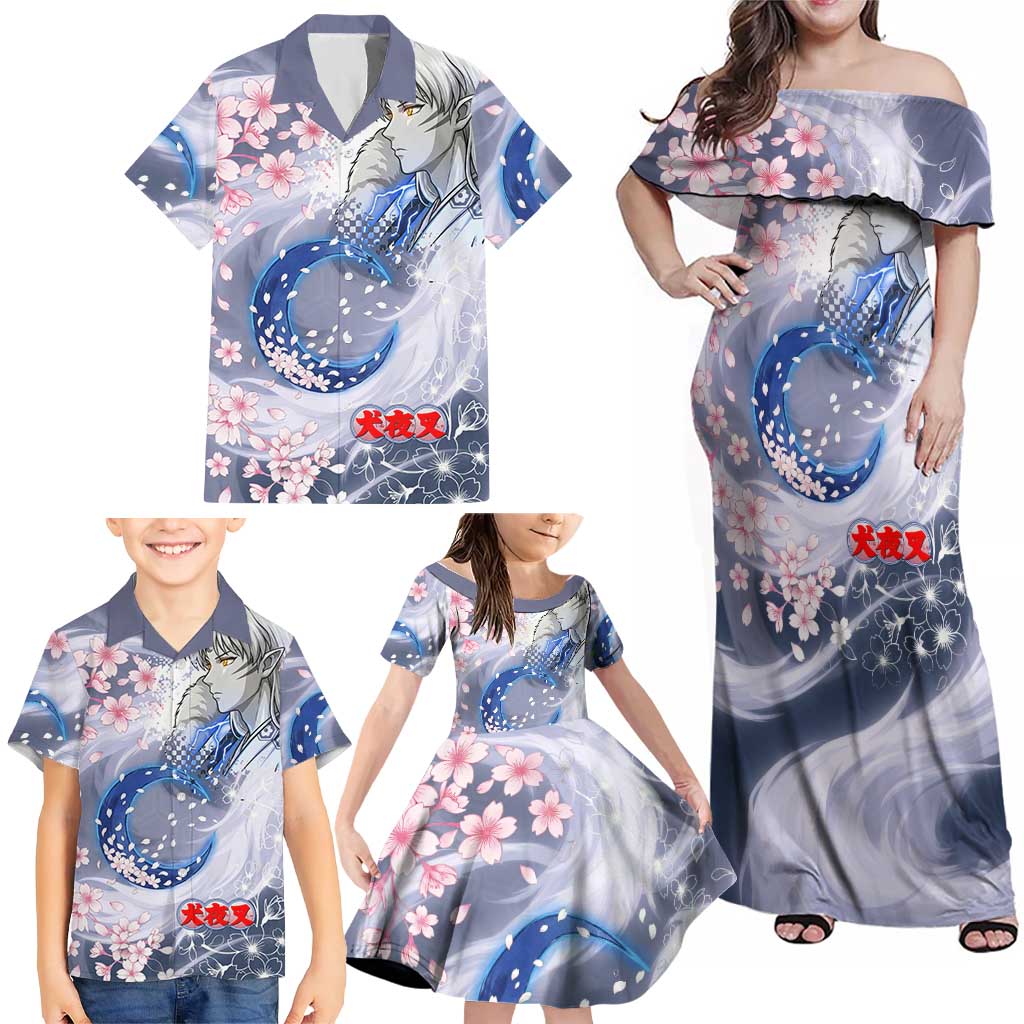 Sesshomaru Inuyasha Series Family Matching Off Shoulder Maxi Dress and Hawaiian Shirt Elegant Sakura Storm Style with Crescent Moon Motif
