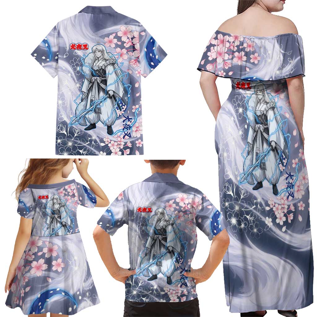 Sesshomaru Inuyasha Series Family Matching Off Shoulder Maxi Dress and Hawaiian Shirt Elegant Sakura Storm Style with Crescent Moon Motif