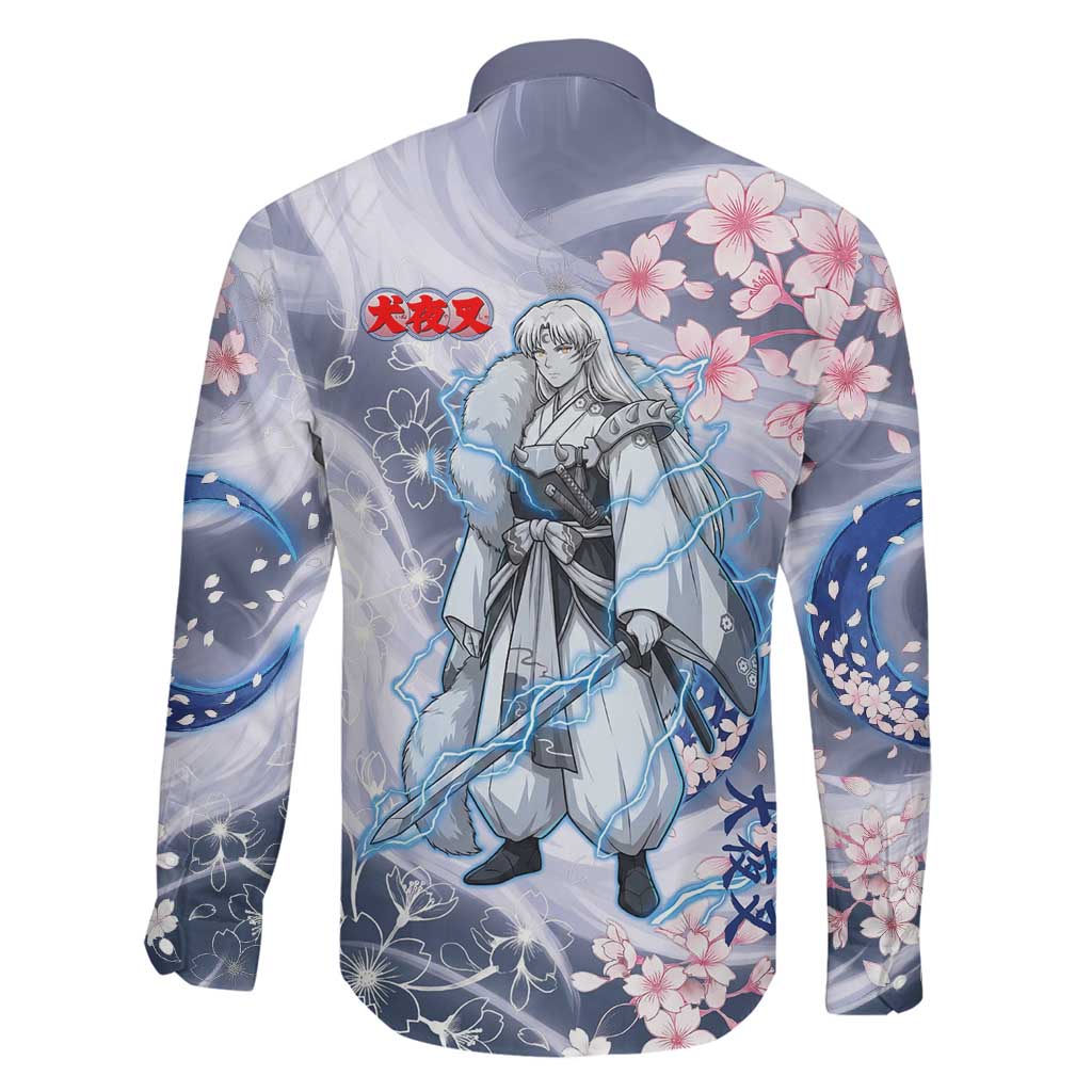 Sesshomaru Inuyasha Series Family Matching Off Shoulder Maxi Dress and Hawaiian Shirt Elegant Sakura Storm Style with Crescent Moon Motif