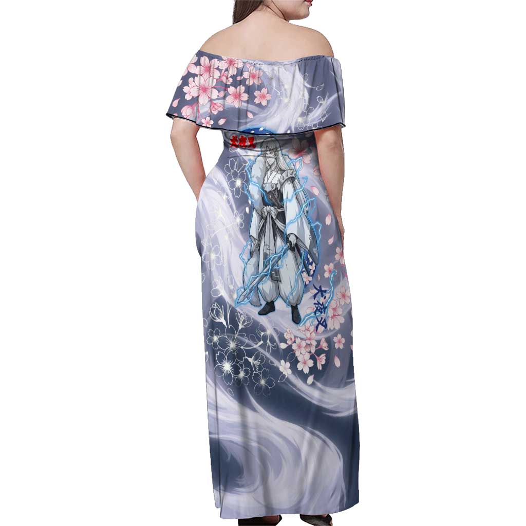 Sesshomaru Inuyasha Series Family Matching Off Shoulder Maxi Dress and Hawaiian Shirt Elegant Sakura Storm Style with Crescent Moon Motif