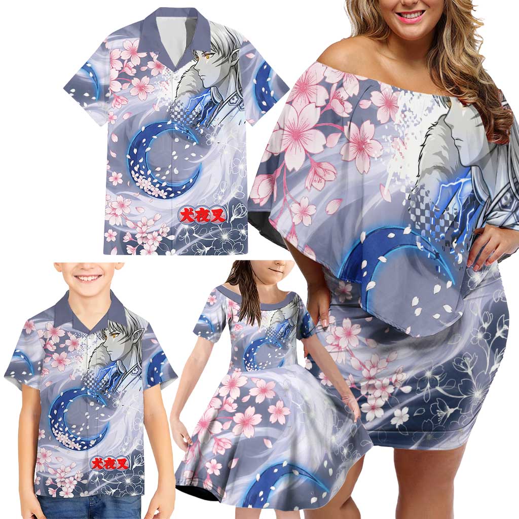 Sesshomaru Inuyasha Series Family Matching Off Shoulder Short Dress and Hawaiian Shirt Elegant Sakura Storm Style with Crescent Moon Motif