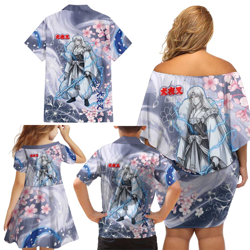 Sesshomaru Inuyasha Series Family Matching Off Shoulder Short Dress and Hawaiian Shirt Elegant Sakura Storm Style with Crescent Moon Motif
