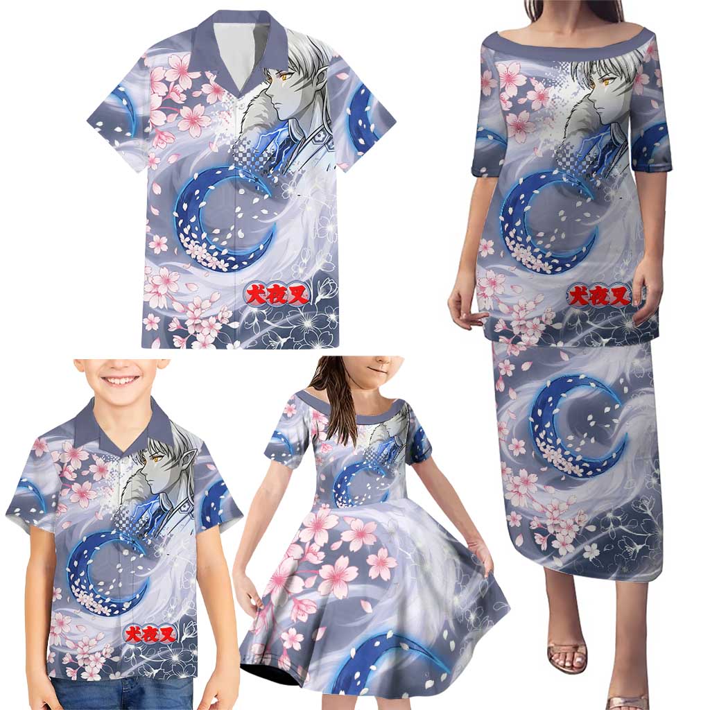 Sesshomaru Inuyasha Series Family Matching Puletasi and Hawaiian Shirt Elegant Sakura Storm Style with Crescent Moon Motif