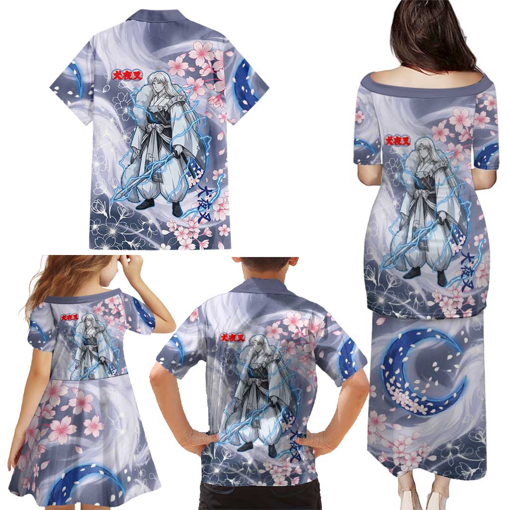 Sesshomaru Inuyasha Series Family Matching Puletasi and Hawaiian Shirt Elegant Sakura Storm Style with Crescent Moon Motif