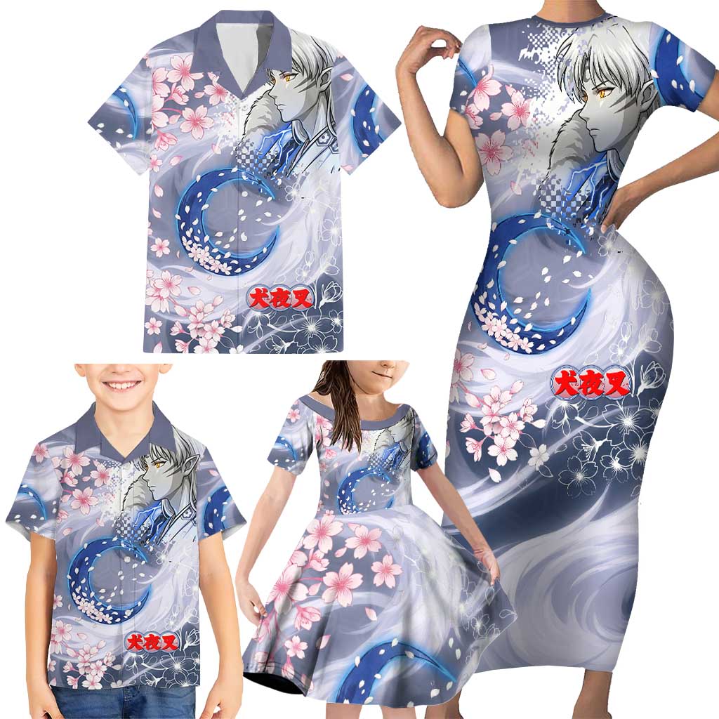 Sesshomaru Inuyasha Series Family Matching Short Sleeve Bodycon Dress and Hawaiian Shirt Elegant Sakura Storm Style with Crescent Moon Motif