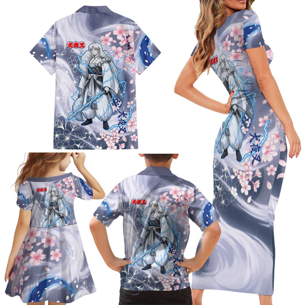 Sesshomaru Inuyasha Series Family Matching Short Sleeve Bodycon Dress and Hawaiian Shirt Elegant Sakura Storm Style with Crescent Moon Motif