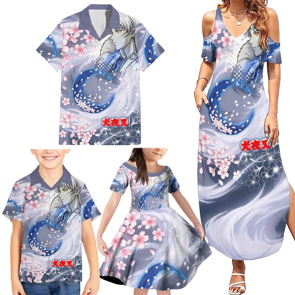 Sesshomaru Inuyasha Series Family Matching Summer Maxi Dress and Hawaiian Shirt Elegant Sakura Storm Style with Crescent Moon Motif