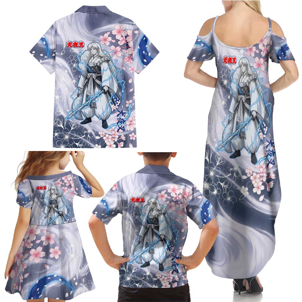 Sesshomaru Inuyasha Series Family Matching Summer Maxi Dress and Hawaiian Shirt Elegant Sakura Storm Style with Crescent Moon Motif