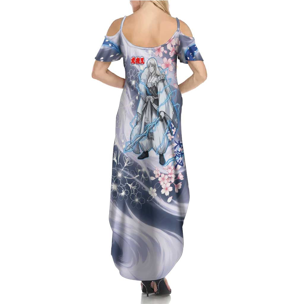 Sesshomaru Inuyasha Series Family Matching Summer Maxi Dress and Hawaiian Shirt Elegant Sakura Storm Style with Crescent Moon Motif