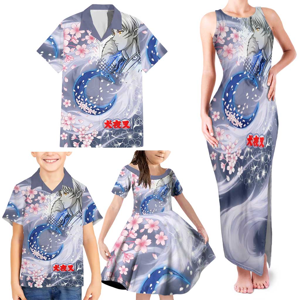 Sesshomaru Inuyasha Series Family Matching Tank Maxi Dress and Hawaiian Shirt Elegant Sakura Storm Style with Crescent Moon Motif
