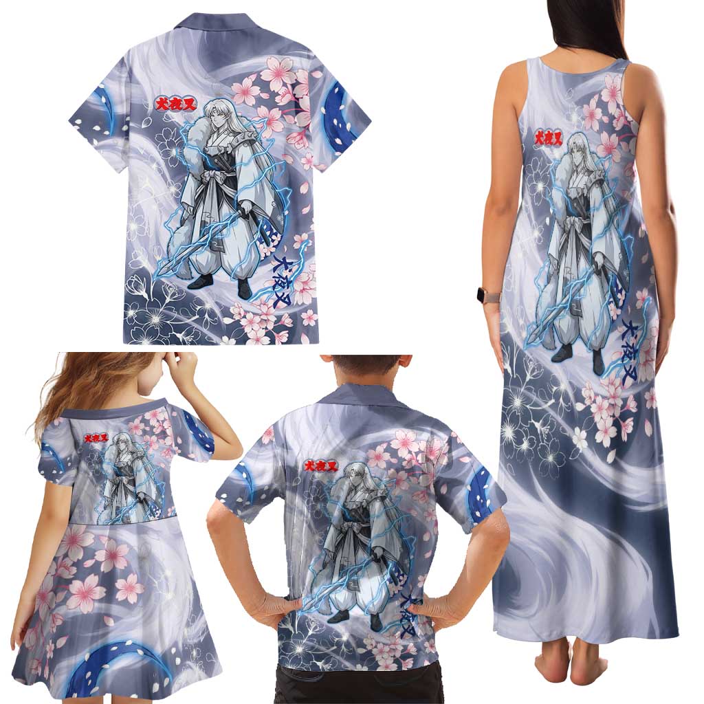 Sesshomaru Inuyasha Series Family Matching Tank Maxi Dress and Hawaiian Shirt Elegant Sakura Storm Style with Crescent Moon Motif