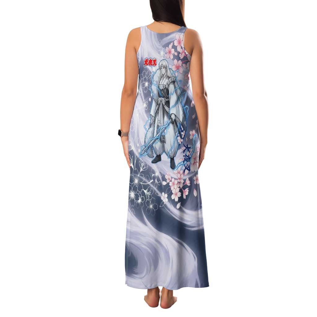 Sesshomaru Inuyasha Series Family Matching Tank Maxi Dress and Hawaiian Shirt Elegant Sakura Storm Style with Crescent Moon Motif
