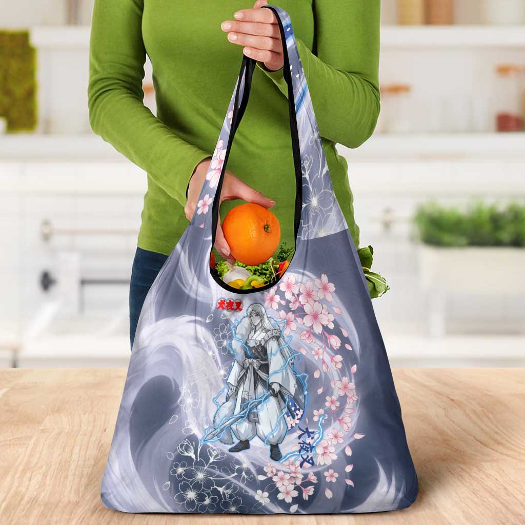 Sesshomaru Inuyasha Series Grocery Bag Elegant Sakura Storm Style with Crescent Moon Motif