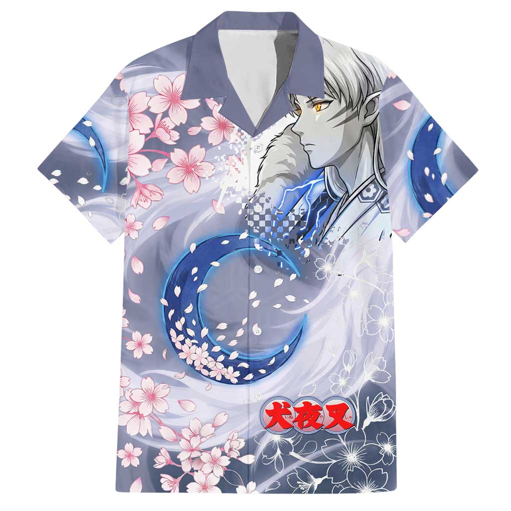 Sesshomaru Inuyasha Series Hawaiian Shirt Elegant Sakura Storm Style with Crescent Moon Motif