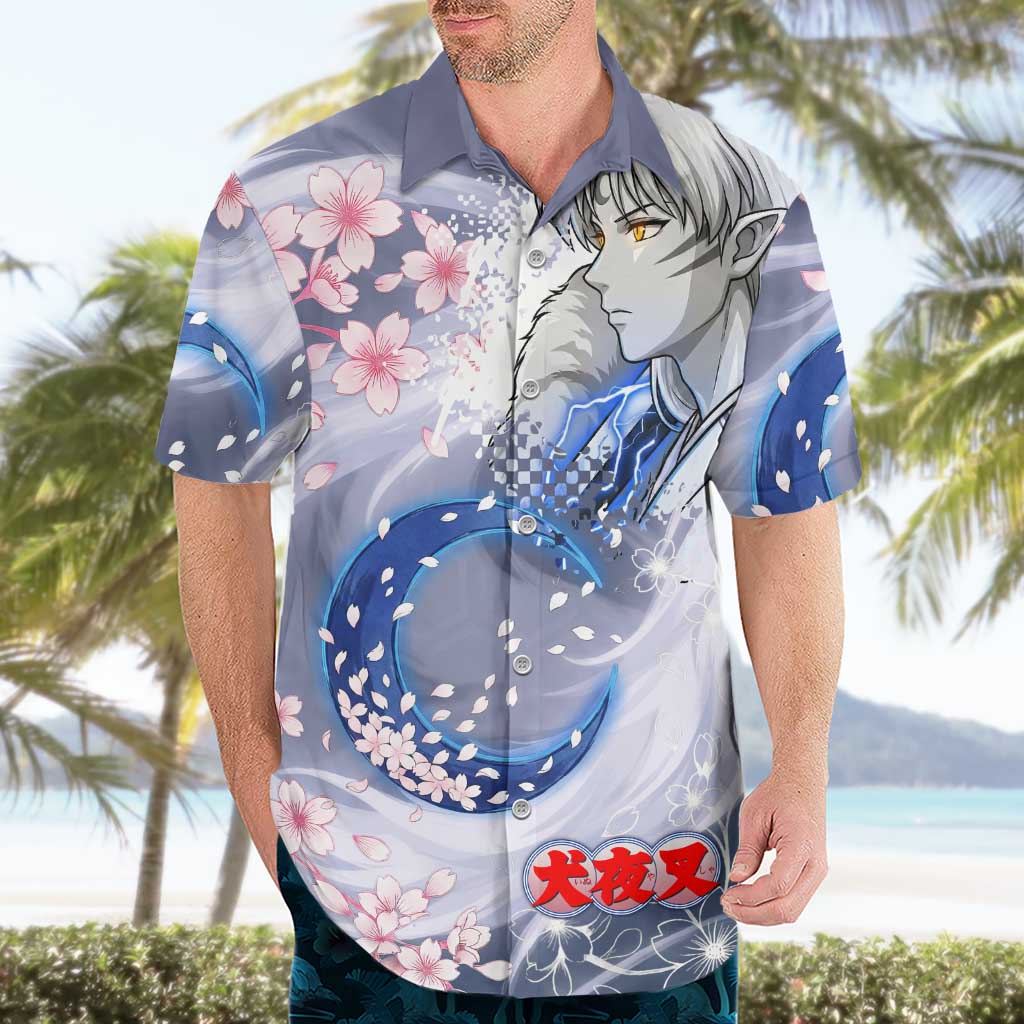 Sesshomaru Inuyasha Series Hawaiian Shirt Elegant Sakura Storm Style with Crescent Moon Motif
