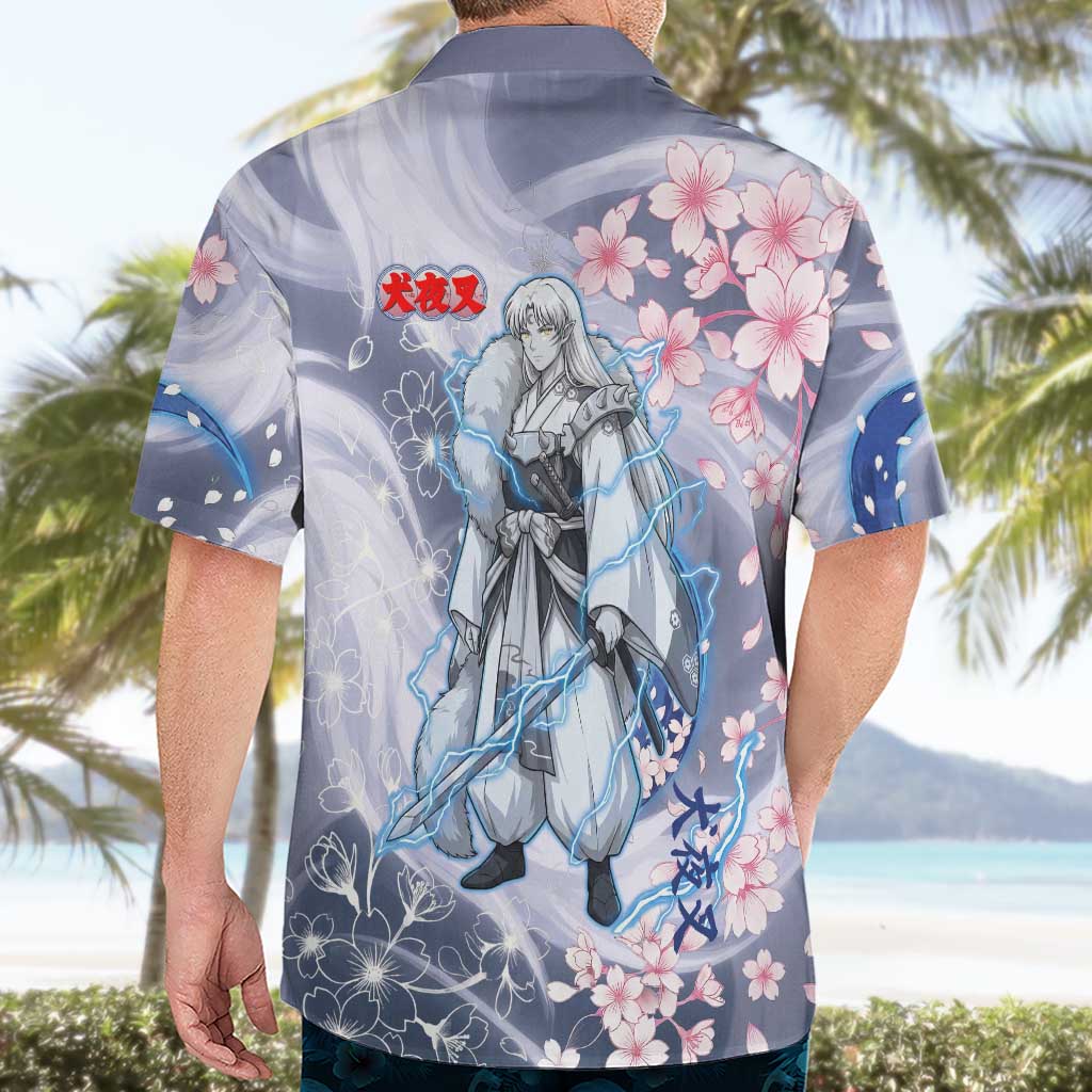 Sesshomaru Inuyasha Series Hawaiian Shirt Elegant Sakura Storm Style with Crescent Moon Motif