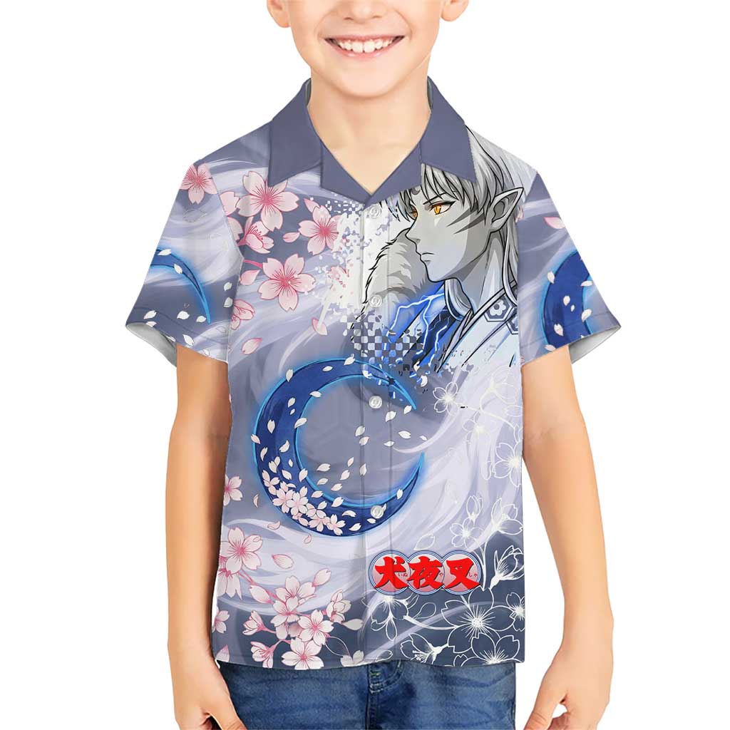 Sesshomaru Inuyasha Series Hawaiian Shirt Elegant Sakura Storm Style with Crescent Moon Motif