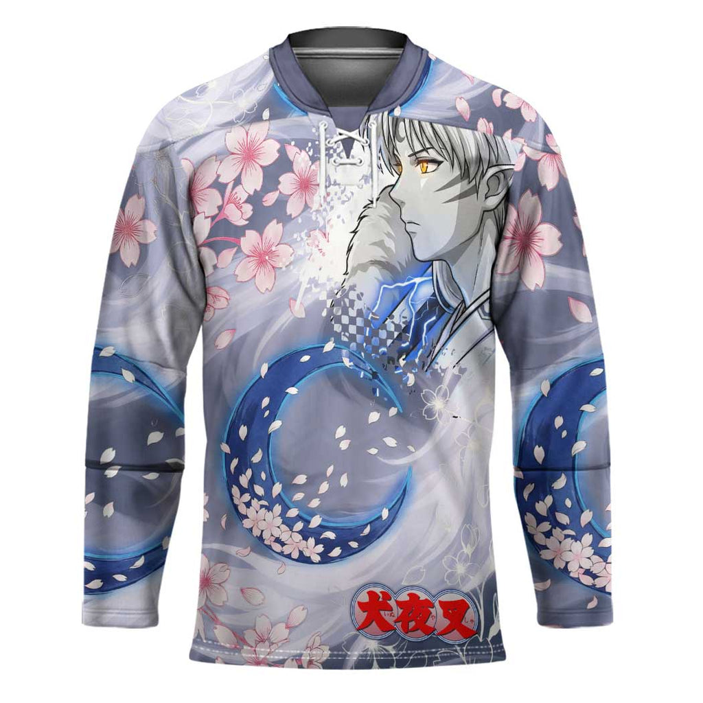 Sesshomaru Inuyasha Series Hockey Jersey Elegant Sakura Storm Style with Crescent Moon Motif
