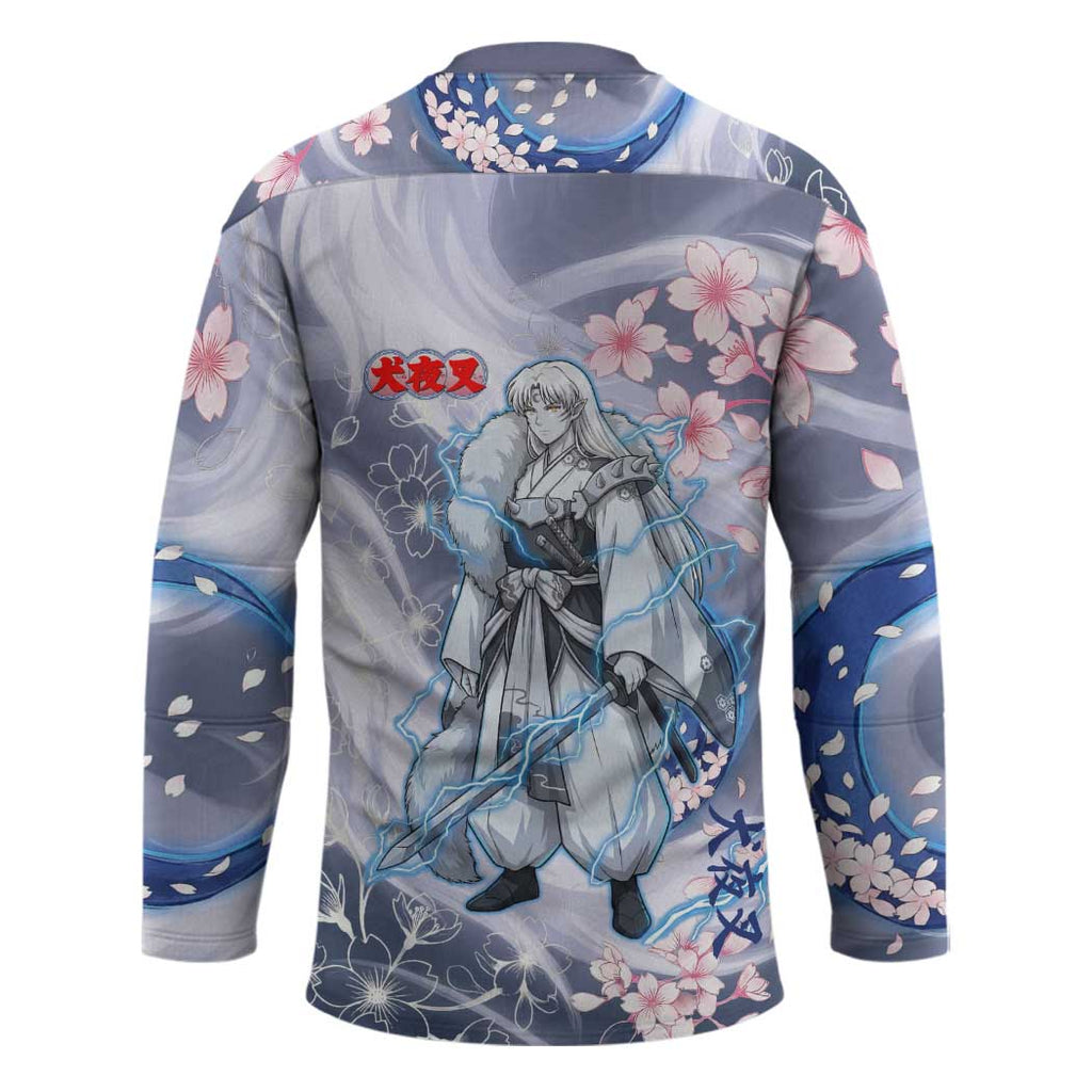 Sesshomaru Inuyasha Series Hockey Jersey Elegant Sakura Storm Style with Crescent Moon Motif