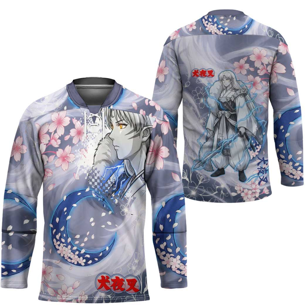 Sesshomaru Inuyasha Series Hockey Jersey Elegant Sakura Storm Style with Crescent Moon Motif