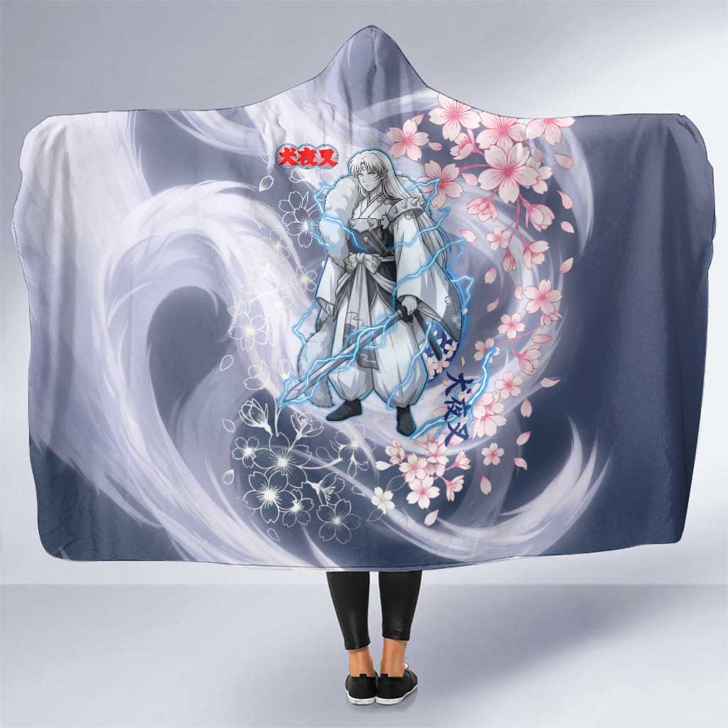 Sesshomaru Inuyasha Series Hooded Blanket Elegant Sakura Storm Style with Crescent Moon Motif