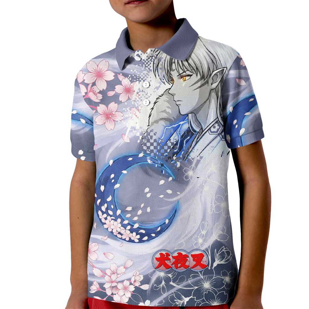 Sesshomaru Inuyasha Series Kid Polo Shirt Elegant Sakura Storm Style with Crescent Moon Motif