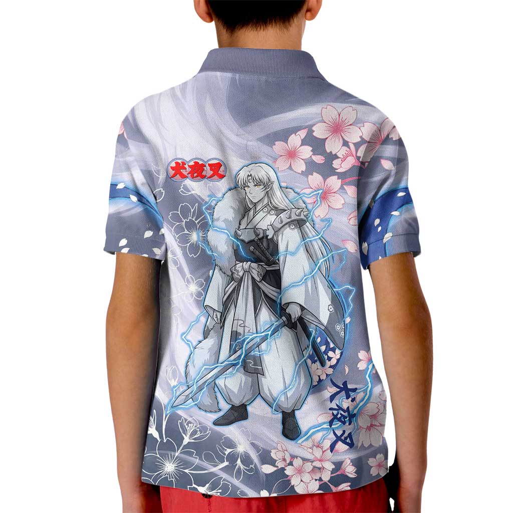 Sesshomaru Inuyasha Series Kid Polo Shirt Elegant Sakura Storm Style with Crescent Moon Motif