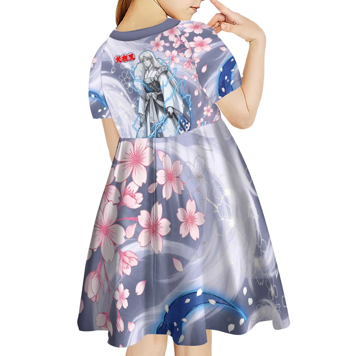 Sesshomaru Inuyasha Series Kid Short Sleeve Dress Elegant Sakura Storm Style with Crescent Moon Motif