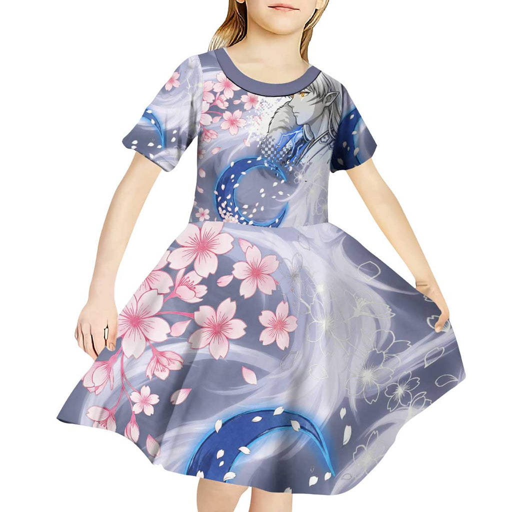 Sesshomaru Inuyasha Series Kid Short Sleeve Dress Elegant Sakura Storm Style with Crescent Moon Motif