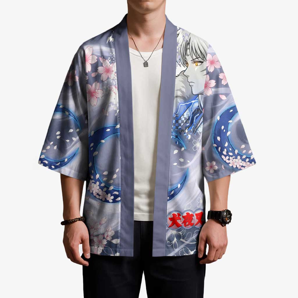 Sesshomaru Inuyasha Series Kimono Elegant Sakura Storm Style with Crescent Moon Motif