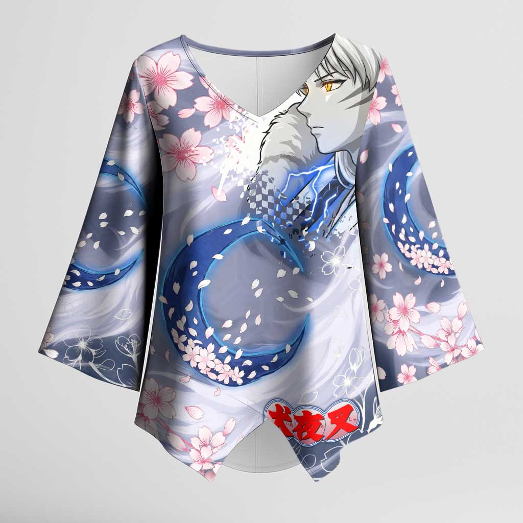 Sesshomaru Inuyasha Series Kimono Sleeve Blouse Elegant Sakura Storm Style with Crescent Moon Motif