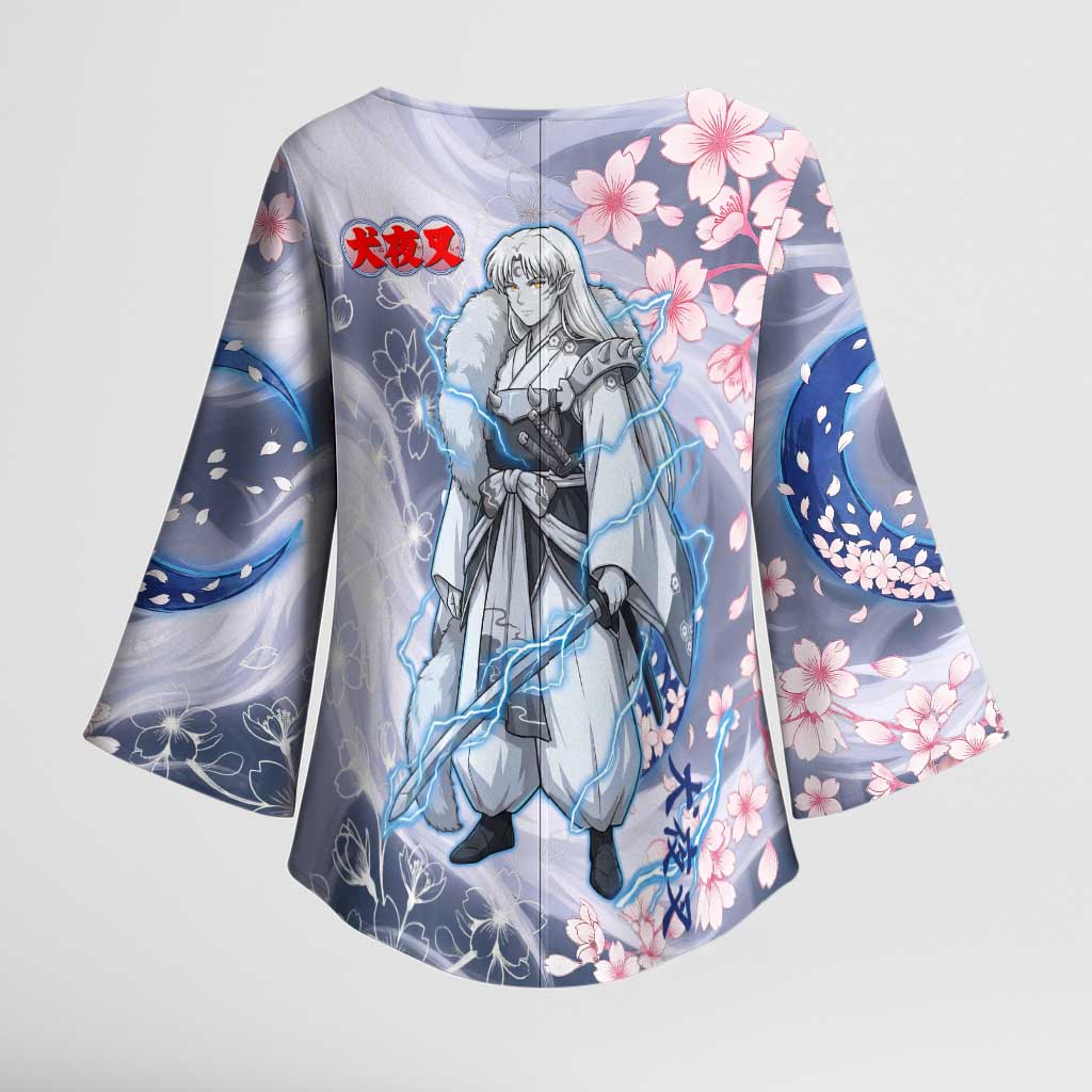 Sesshomaru Inuyasha Series Kimono Sleeve Blouse Elegant Sakura Storm Style with Crescent Moon Motif